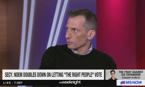 still of Carusone; chyron: Secy. Noem doubles down on letting "the right people" vote