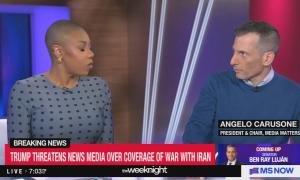 still of Symone Sanders, Angelo; chyron: Trump threatenes news media over coverage of war with Iran