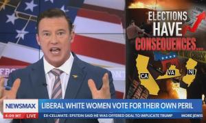 still of Higbie; chyron: Liberal white women vote for their own peril