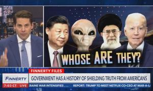 Newsmax's Finnerty with a graphic depicting Xi Jin Ping, an alien, Khamenei, and Joe Biden with the caption "Who are they?"