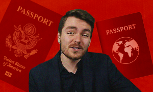 Image of Nick fuentes on a red background with two passports behind him 
