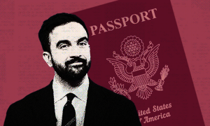 Zohran Mamdani with a U.S. passport in the background