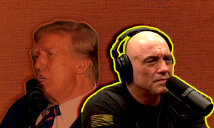 Headshots of Trump and Rogan in front of microphones on a red background
