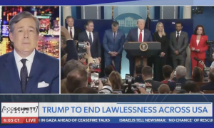 Newsmax screenshot with chyron reading, "Trump to end lawlessness across America"