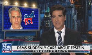 still of Watters; image of Epstein and Democrat logo; chyron: Dems suddenly care about Epstein