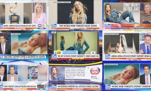 collage of Fox News graphics featuring Sydney Sweeney American Eagle jeans ad 