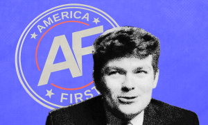 Image of Fuentes in front of his America First logo in blue 