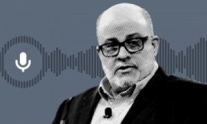 black and white image of Mark Levin; clip art microphone; audio wave graphic