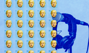 dozens of tiny trump heads form a square against a blue background with the outline of a podcaster's head in the distance