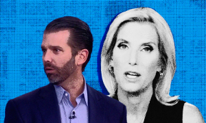 Stylized still images of Donald Trump Jr and Laura Ingraham, with a blue background.