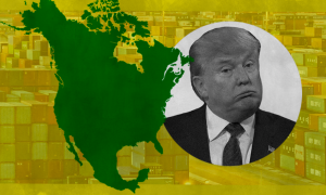 A map of the Americas and a picture of Donald Trump