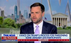 Image of JD Vance interviewed on Fox News Sunday regarding pardoning Jan. 6 prisoners