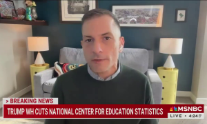 still of Angelo; chyron: Trump WH cuts National Center for Education Statistics