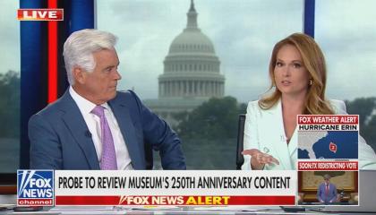 still of Roberts, Turner; chyron: Probe to review Museum's 250th anniversary content