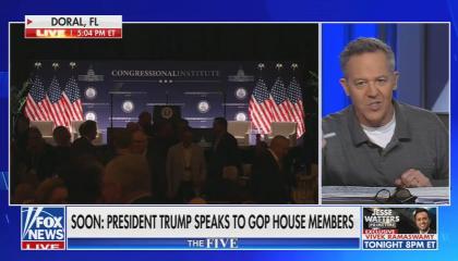 still of Gutfeld; chyron: Soon: President Trump speaks to GOP House members