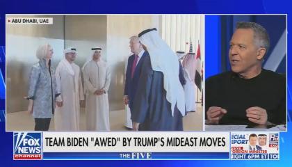 still of Gutfeld; chyron: Team Biden "awed" by Trump's Mideast moves