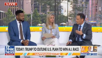 still of Lawrence, Ainsley, Brian; chyron: Today: Trump to outline U.S. plan to win A.I. race