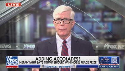 still of Hewitt; chyron: Adding accolades? Netanyahu says Trump should win Nobel peace prize