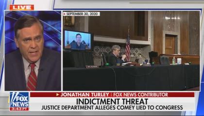 still of Turley; chyron: Indictment threat / Justice department alleges Comey lied to Congress