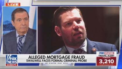 still of Kurtz; chyron: Alleged mortgage fraud / Swalwell faces formal criminal probe