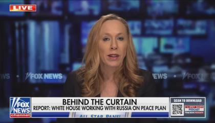 still of Strassel; chyron: Behind the curtain / Report: White House working with Russia on peace plan