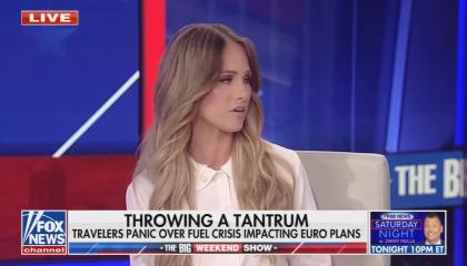 Fox host Tomi Lahren with a chyron mocking concerns over Europe's jet fuel crisis