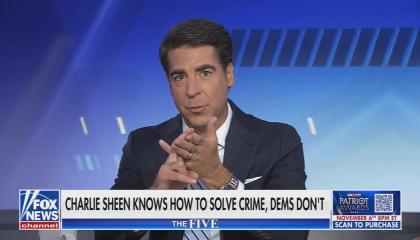still of Watters; chyron: Charlie Sheen knows how to solve crime, Dems don't