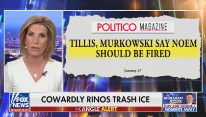 still of Ingraham; chyron: Cowardly RINOs trash ICE