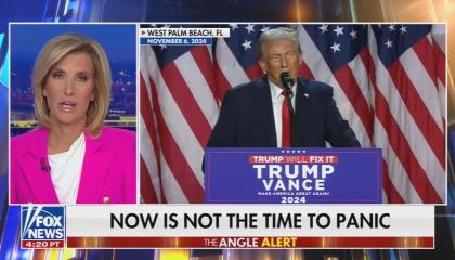still of Ingraham; chyron: Now is not the time to panic