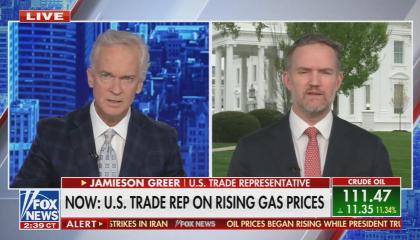 still of Gallagher, Greer; chyron: Now: U.S. trade rep on rising gas prices