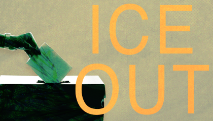 A vote being cast next to the words "ICE OUT"