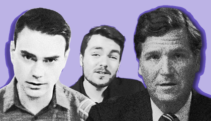 headshots of ben shapiro, nick fuentes, and tucker carlson in black and white against a purplish blue background
