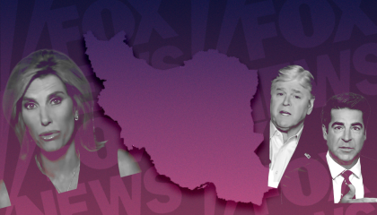 Laura Ingraham on one side of Iran, Sean Hannity and Jesse Watters on the other