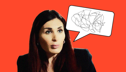 Laura Loomer with a speech bubble filled with scribbles