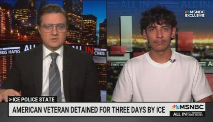 still of Hayes, Retes; chyron: American veteran detained for three days by ICE