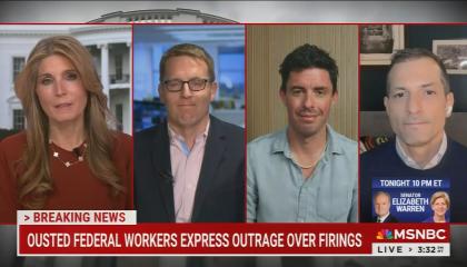 still of Wallace, Fahrenthold, Miller, Carusone; chyron: Ousted federal workers express outrage over firings