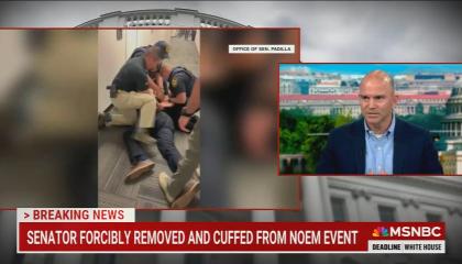 still of Rhodes; footage of Padilla getting arrested; chyron: Senator forcibly removed and cuffed from Noem event