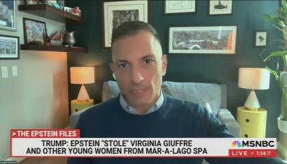 still of Carusone; chyron: Trump: Epstein "stole" Virginia Giuffre and other young women from Mar-a-Lago spa
