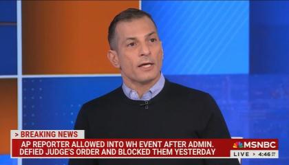 still of Carusone; chyron: AP reporter allowed into WH event after admin. defied judge's order and blocked them yesterday 