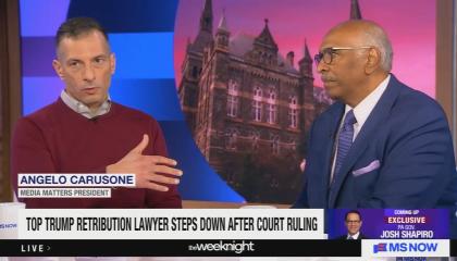 still of Carusone; chyron: Tom Trump retribution lawyer steps down after court ruling