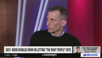 still of Carusone; chyron: Secy. Noem doubles down on letting "the right people" vote