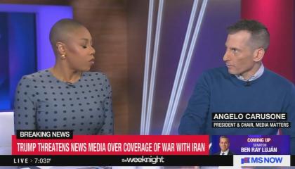 still of Symone Sanders, Angelo; chyron: Trump threatenes news media over coverage of war with Iran