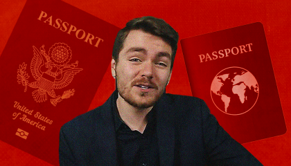 Image of Nick fuentes on a red background with two passports behind him 