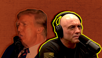 Headshots of Trump and Rogan in front of microphones on a red background