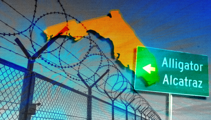 Florida, a security fence, and a sign that says alligator alcatraz