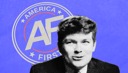 Image of Fuentes in front of his America First logo in blue 