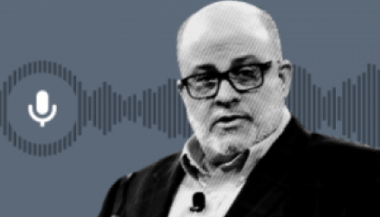 black and white image of Mark Levin; clip art microphone; audio wave graphic