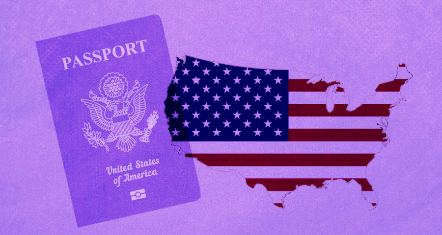 An American passport and a U.S. map