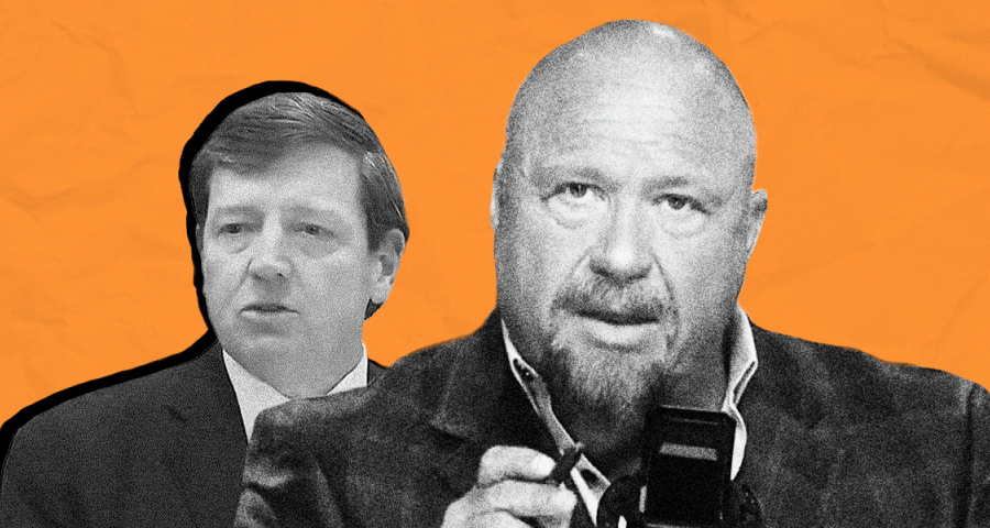 Ed Martin and Alex Jones on orange background