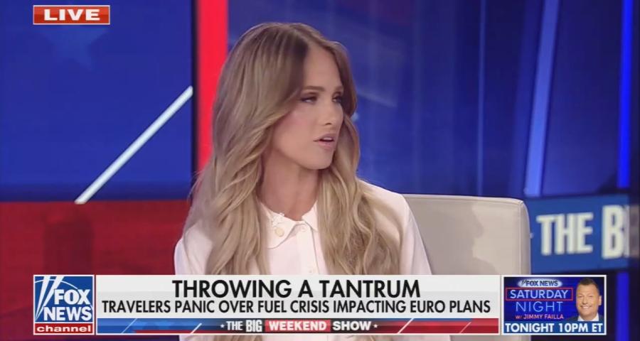 Fox host Tomi Lahren with a chyron mocking concerns over Europe's jet fuel crisis